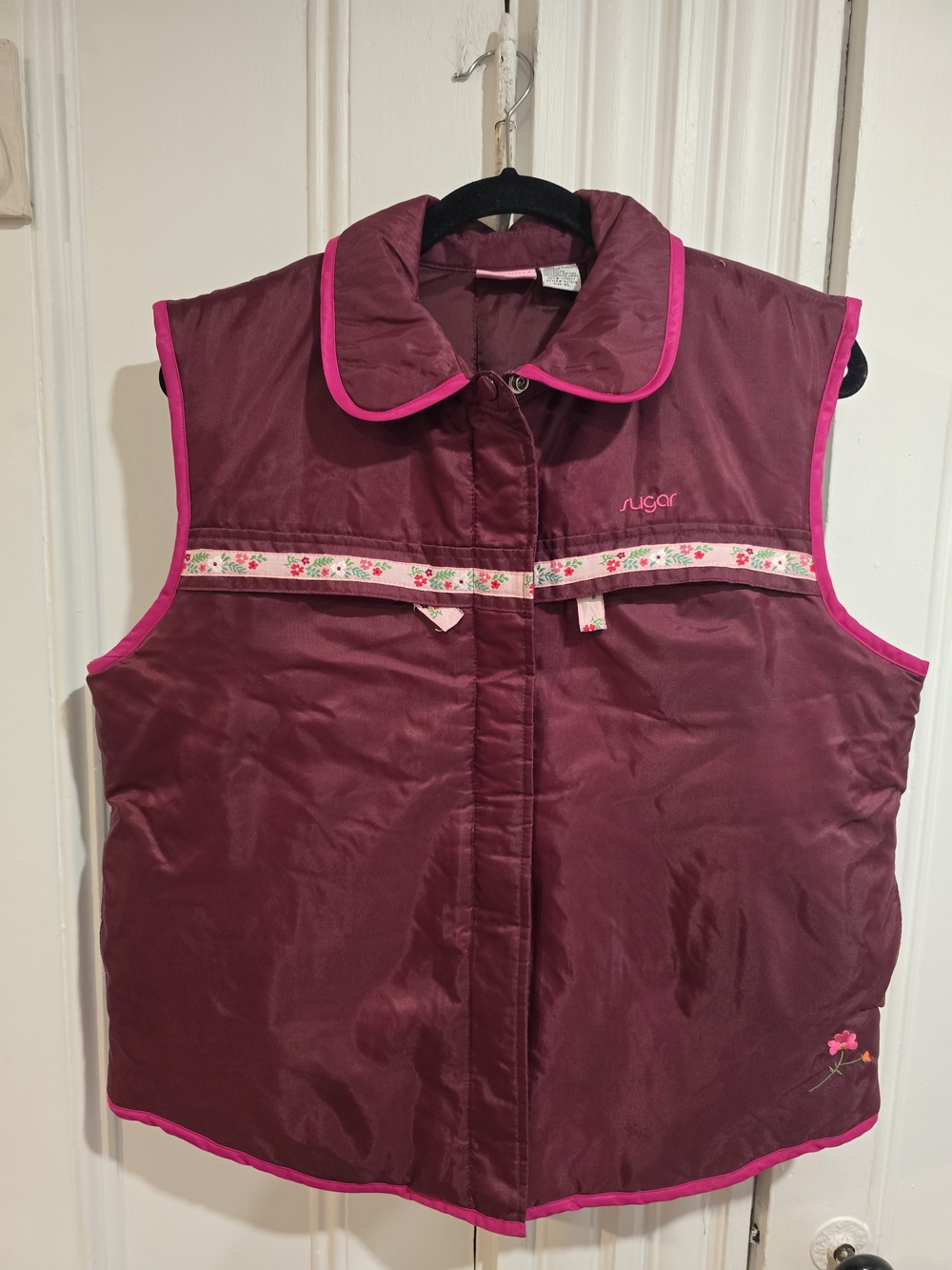 Sugar Burgundy Puffer Vest with Pink Trim